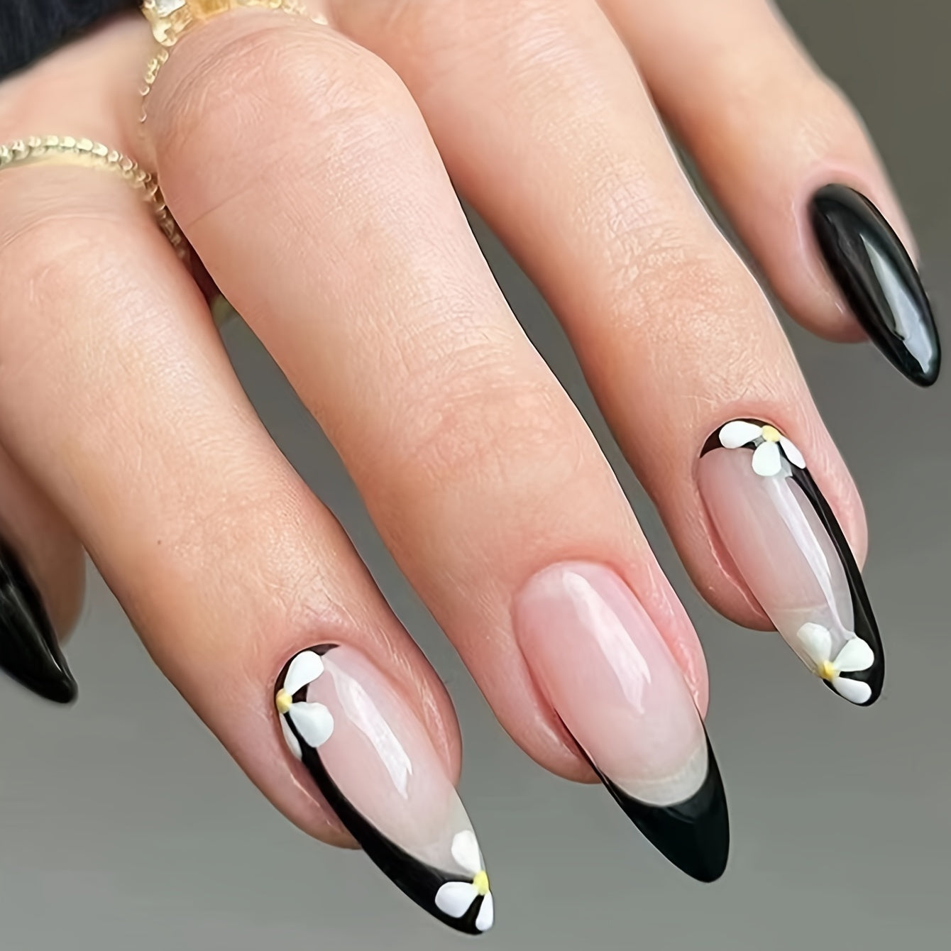 Dark Red & Black Flame Long Almond Shape Press-On Nails | Glossy Finish with Golden Glitter Accents.