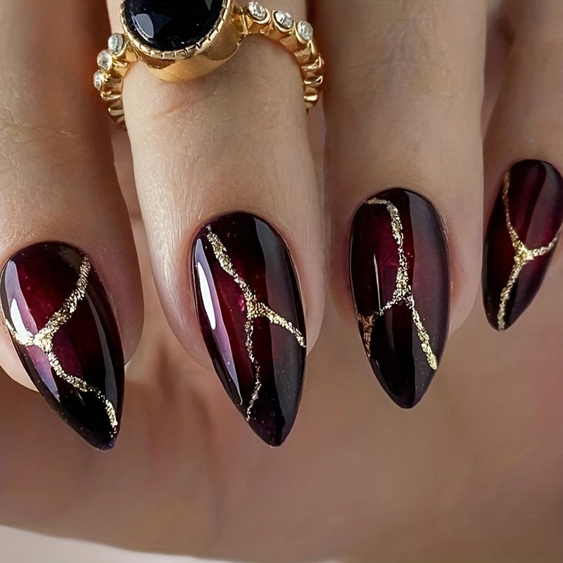 Dark Red & Black Flame Long Almond Shape Press-On Nails | Glossy Finish with Golden Glitter Accents.
