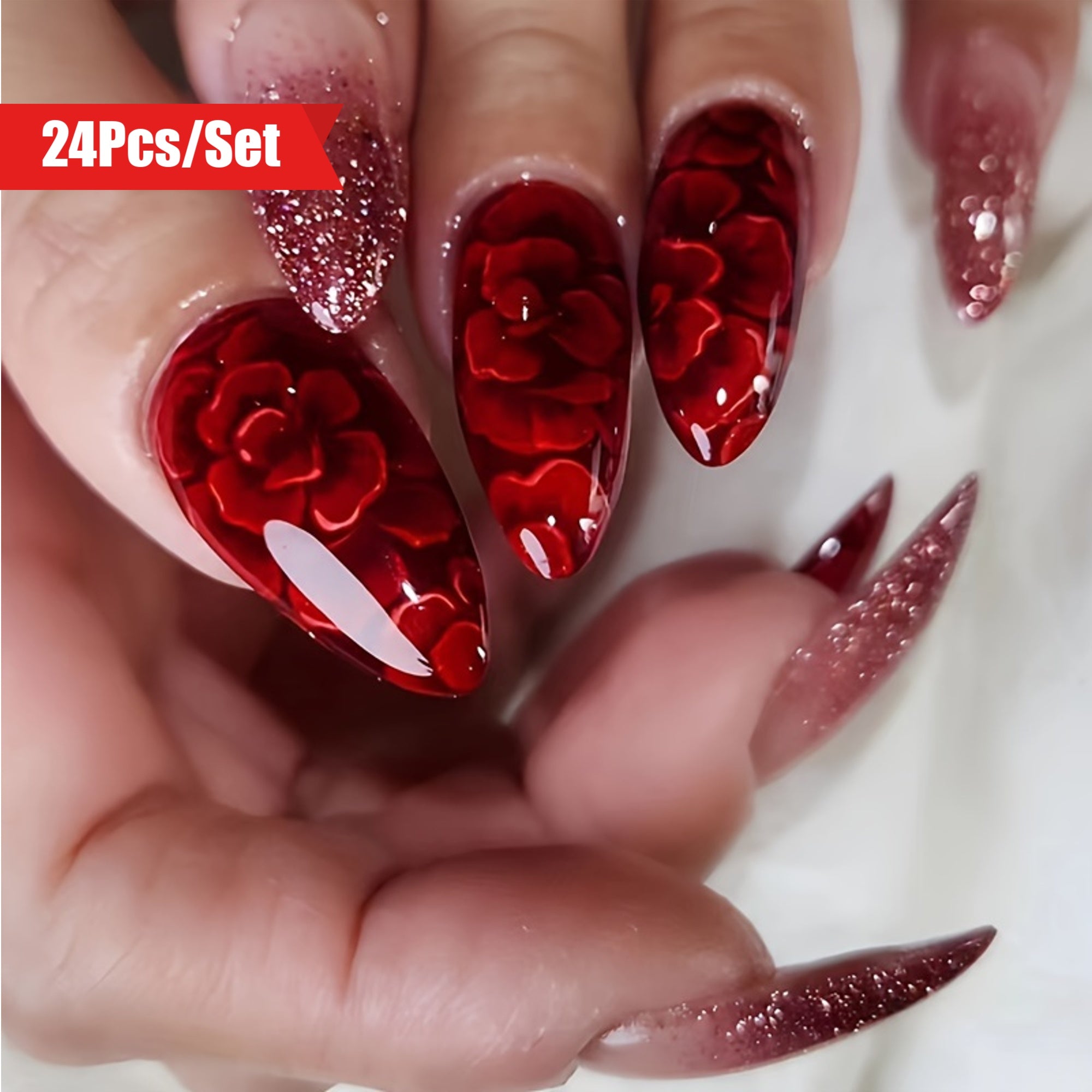 24pcs/set Red Flower Press On Nails, Glitter Medium-length Almond.