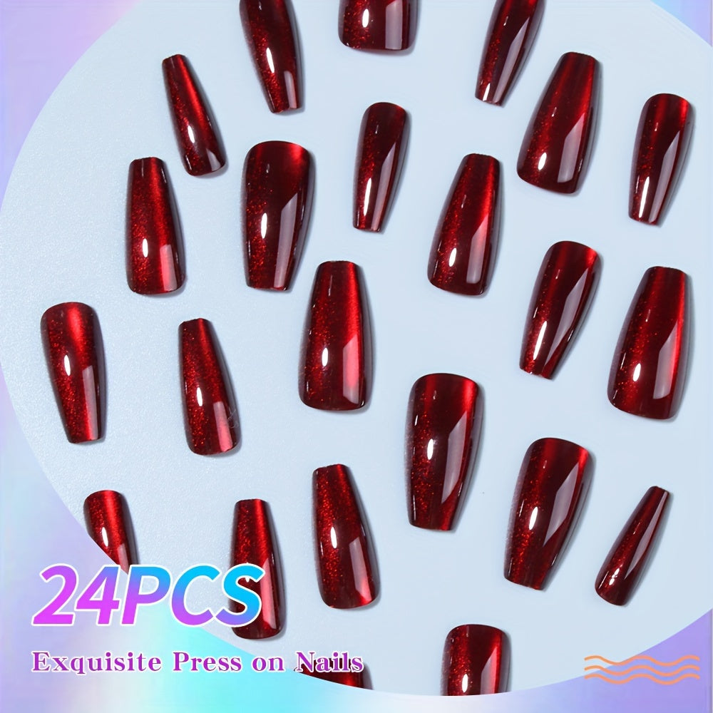 24pcs Stunning Red Cat Eye Press On Nails - Glossy Long Ballerina with Sparkling Finish; Includes Adhesive Tabs, Rubbing Strip, and Wooden Stick.