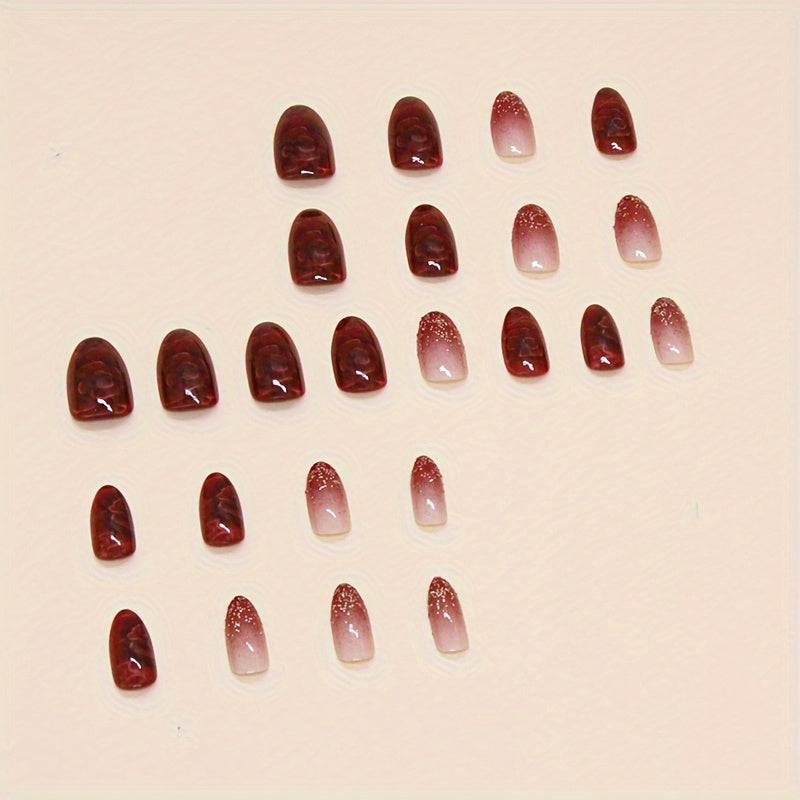 24pcs/set Red Flower Press On Nails, Glitter Medium-length Almond.