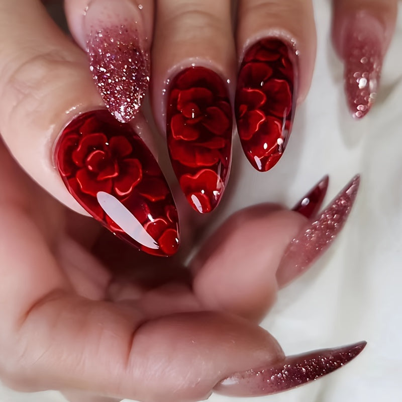 24pcs/set Red Flower Press On Nails, Glitter Medium-length Almond.