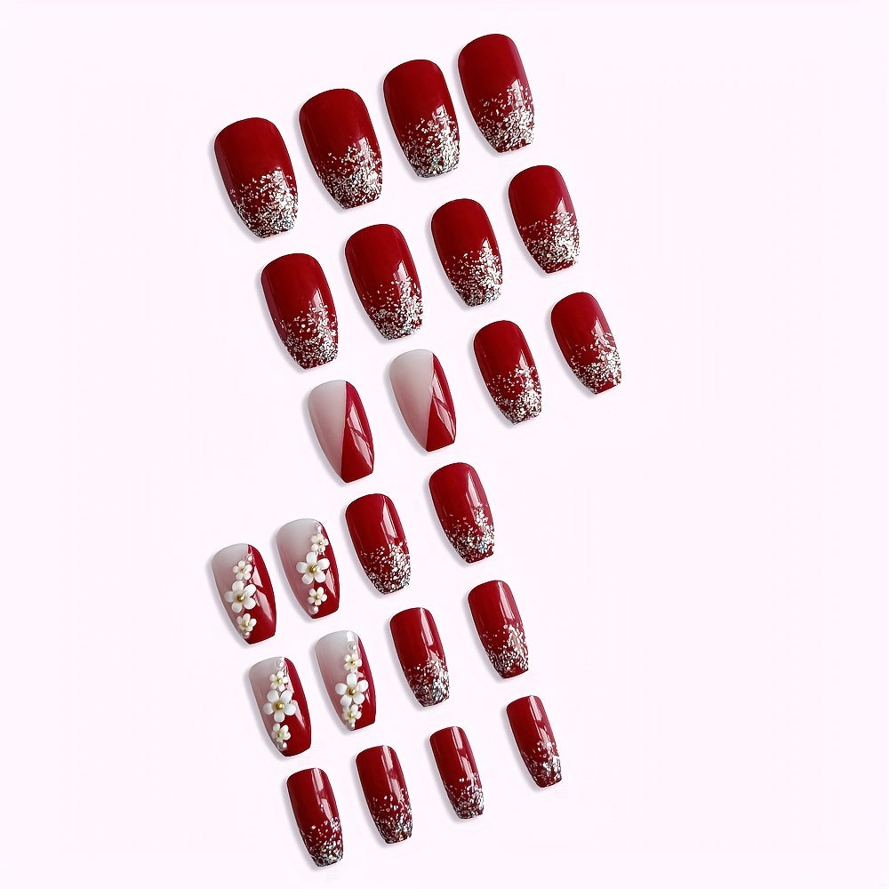24pcs Red White, Floral, Glitter Press On Nails
