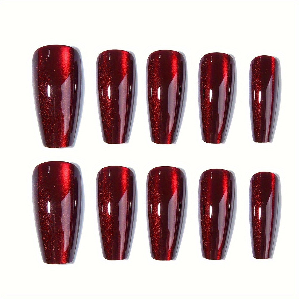 24pcs Stunning Red Cat Eye Press On Nails - Glossy Long Ballerina with Sparkling Finish; Includes Adhesive Tabs, Rubbing Strip, and Wooden Stick.