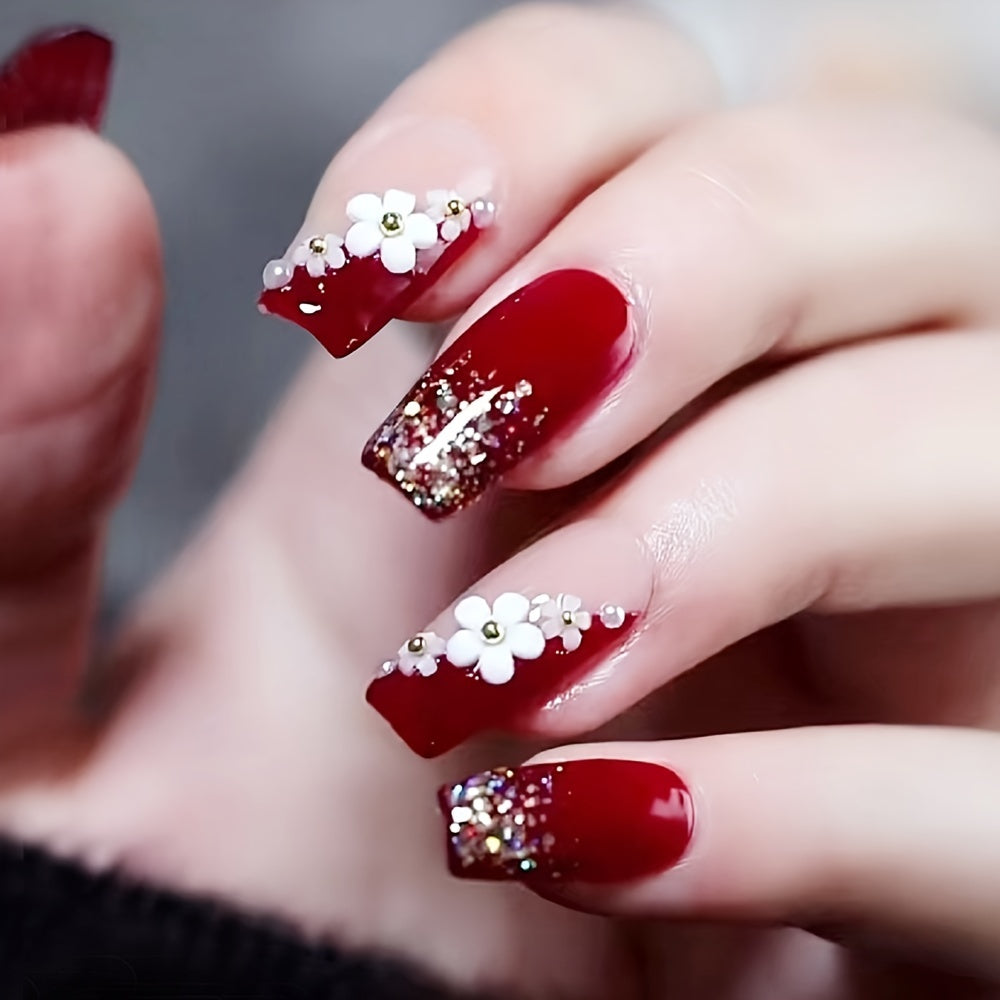 24pcs Red White, Floral, Glitter Press On Nails