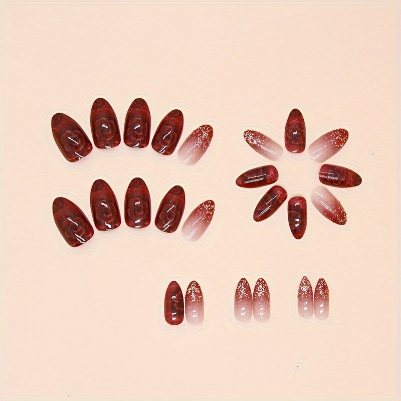 24pcs/set Red Flower Press On Nails, Glitter Medium-length Almond.