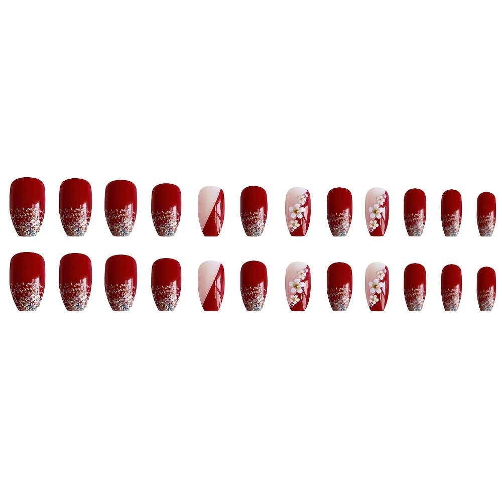 24pcs Red White, Floral, Glitter Press On Nails