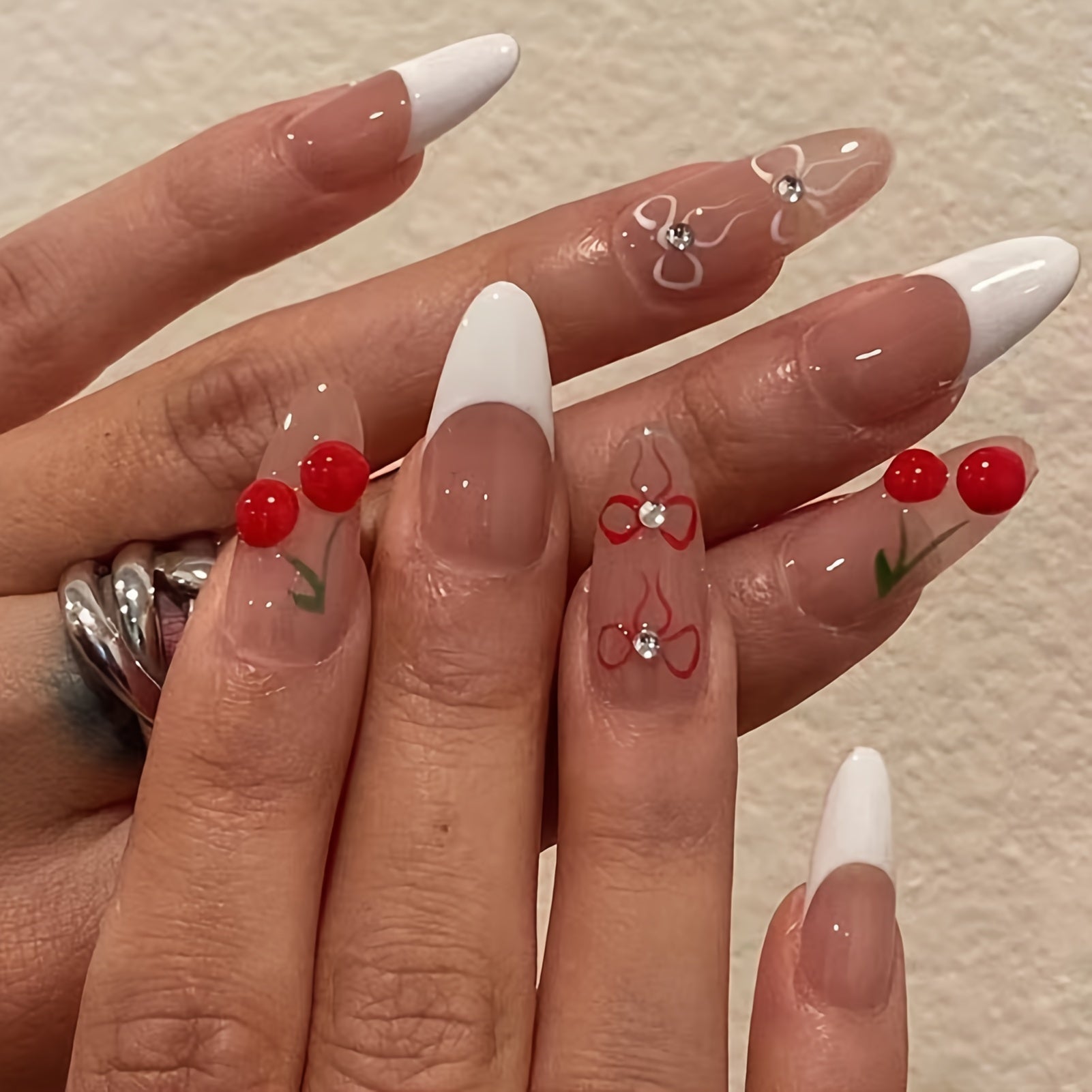 24Pcs Nude and White Sweet Style Almond Press on Nails, Cute Bows Cherry Design With Rhinestone Design