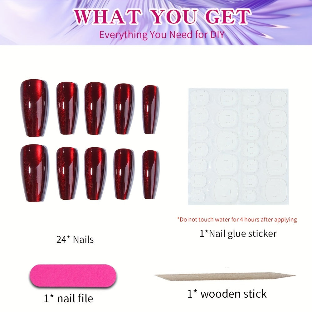 24pcs Stunning Red Cat Eye Press On Nails - Glossy Long Ballerina with Sparkling Finish; Includes Adhesive Tabs, Rubbing Strip, and Wooden Stick.