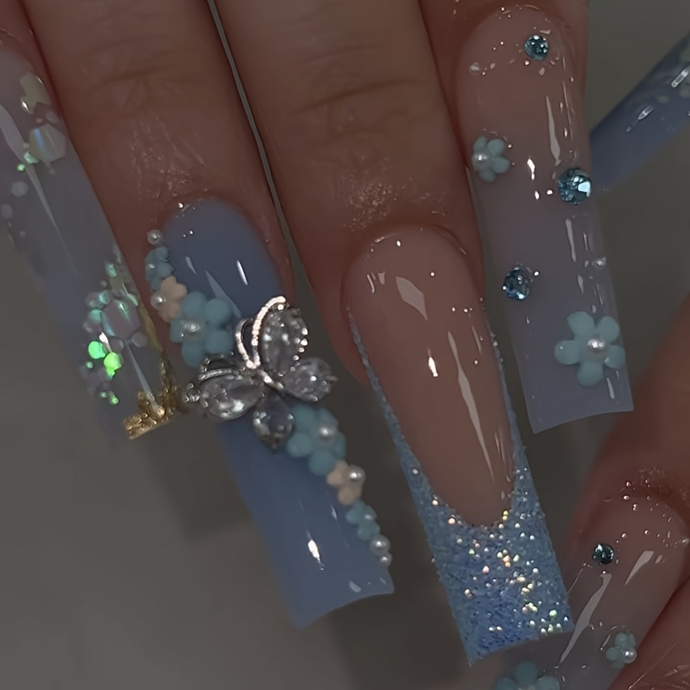 24pcs Full Set Blue & Pink Gradient French Press-On Nails with Sparkling Glitter, Ultra-Long Square False Nails Kit - Glossy Gel Nail Polish, Nail Glue & File Included for DIY Manicure/Pedicure