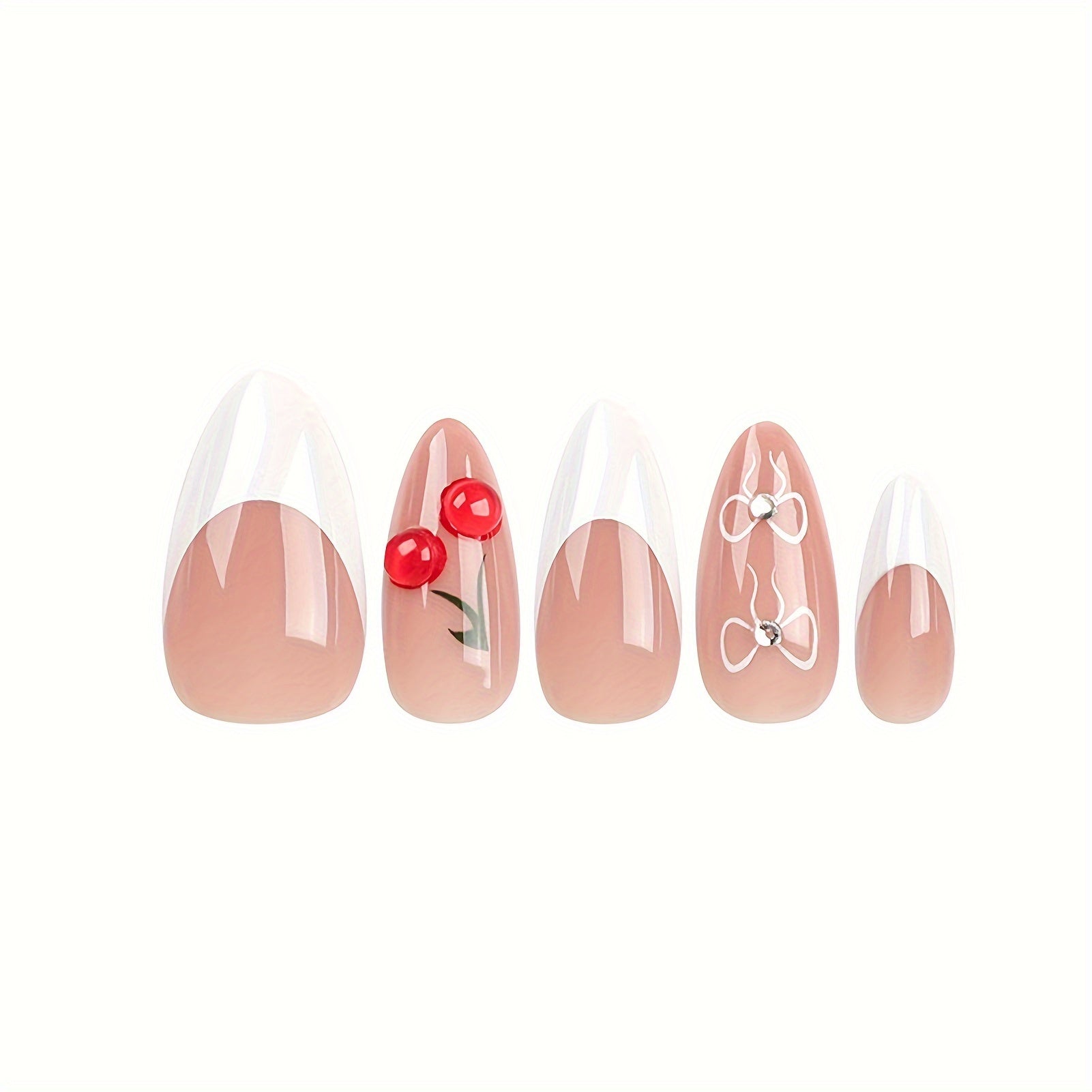 24Pcs Nude and White Sweet Style Almond Press on Nails, Cute Bows Cherry Design With Rhinestone Design