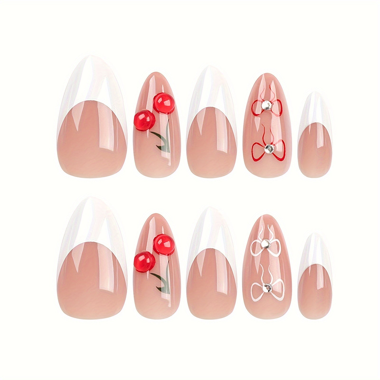 24Pcs Nude and White Sweet Style Almond Press on Nails, Cute Bows Cherry Design With Rhinestone Design