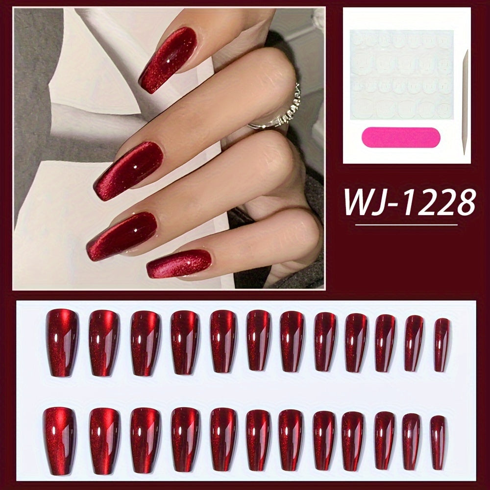 24pcs Stunning Red Cat Eye Press On Nails - Glossy Long Ballerina with Sparkling Finish; Includes Adhesive Tabs, Rubbing Strip, and Wooden Stick.