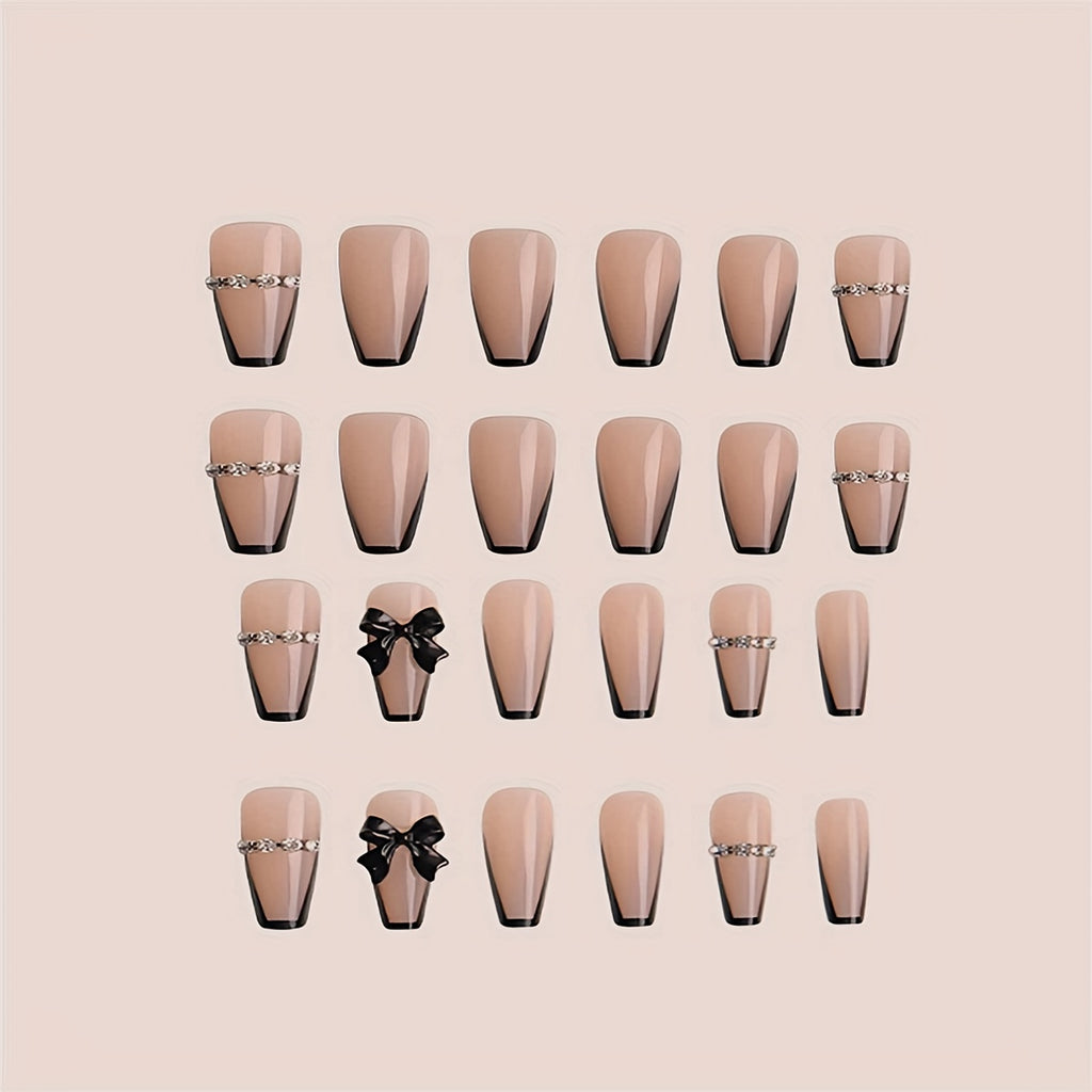 24pcs Luxurious Black French Tip - Full Cover Medium Coffin - Glossy Nude Pinkish - Rhinestone Chain Design - 3D Bow Accents.