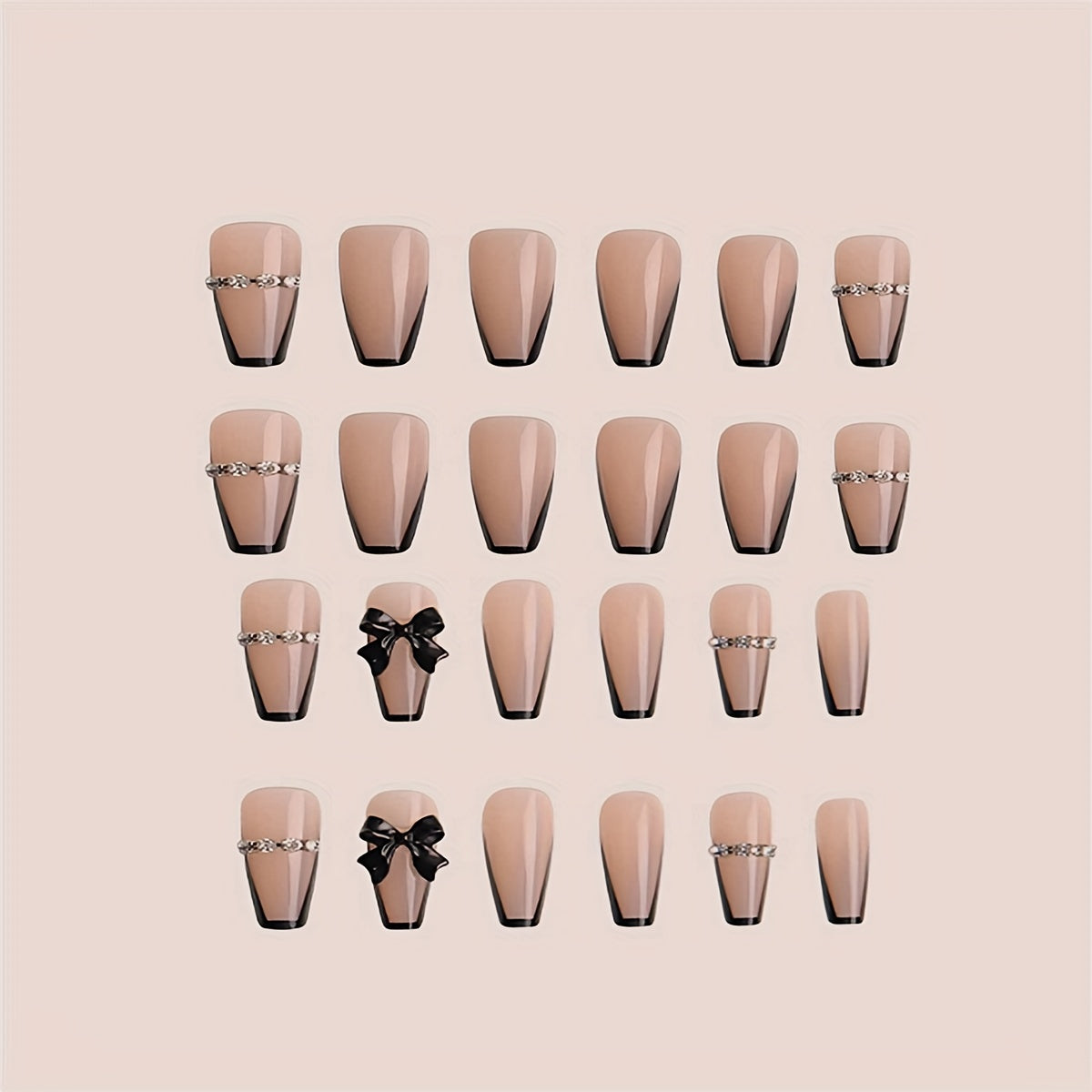 24pcs Luxurious Black French Tip - Full Cover Medium Coffin - Glossy Nude Pinkish - Rhinestone Chain Design - 3D Bow Accents.