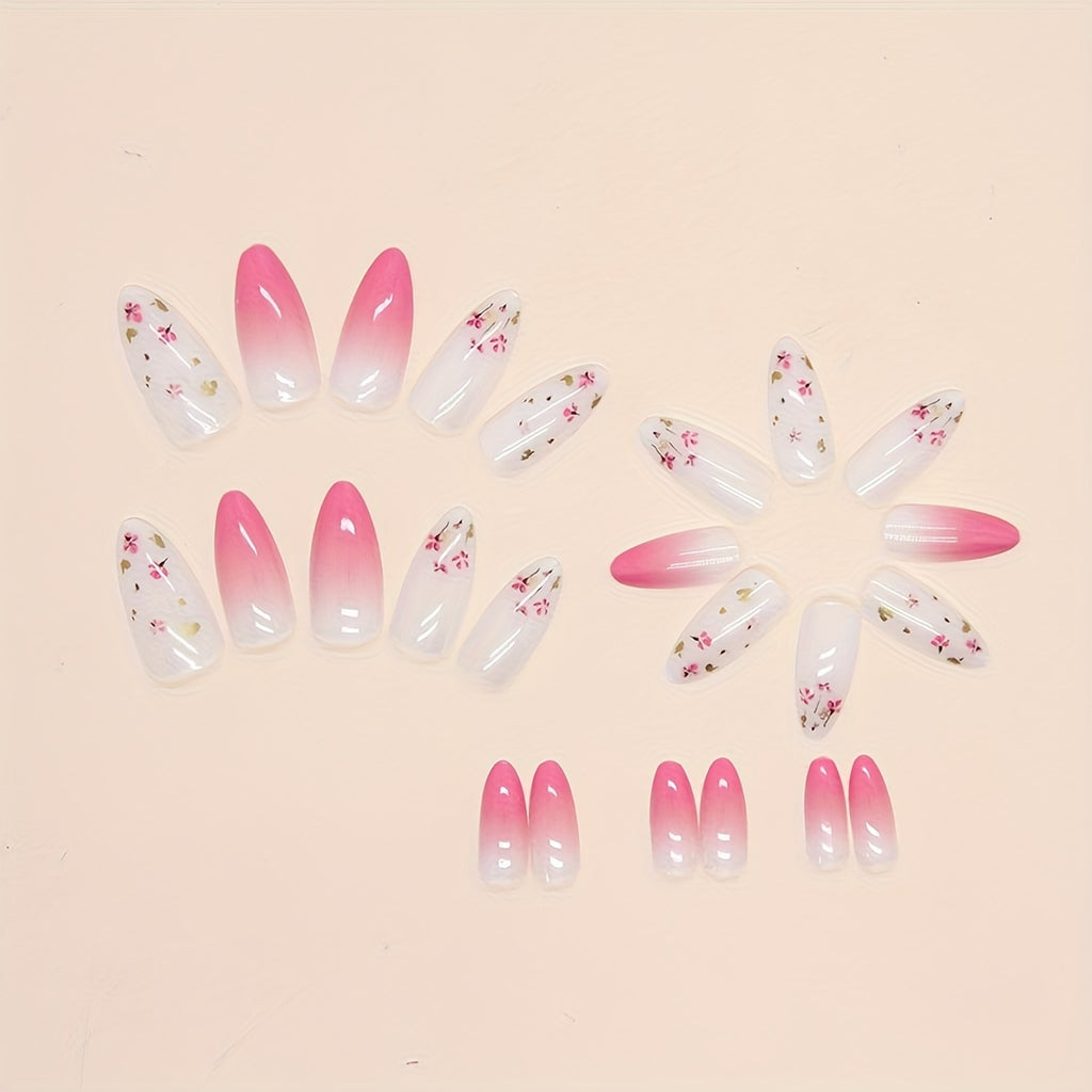 24 Cute Flower Almond-Shaped Press-On Nails with a Pink Gradient And Floral Design.