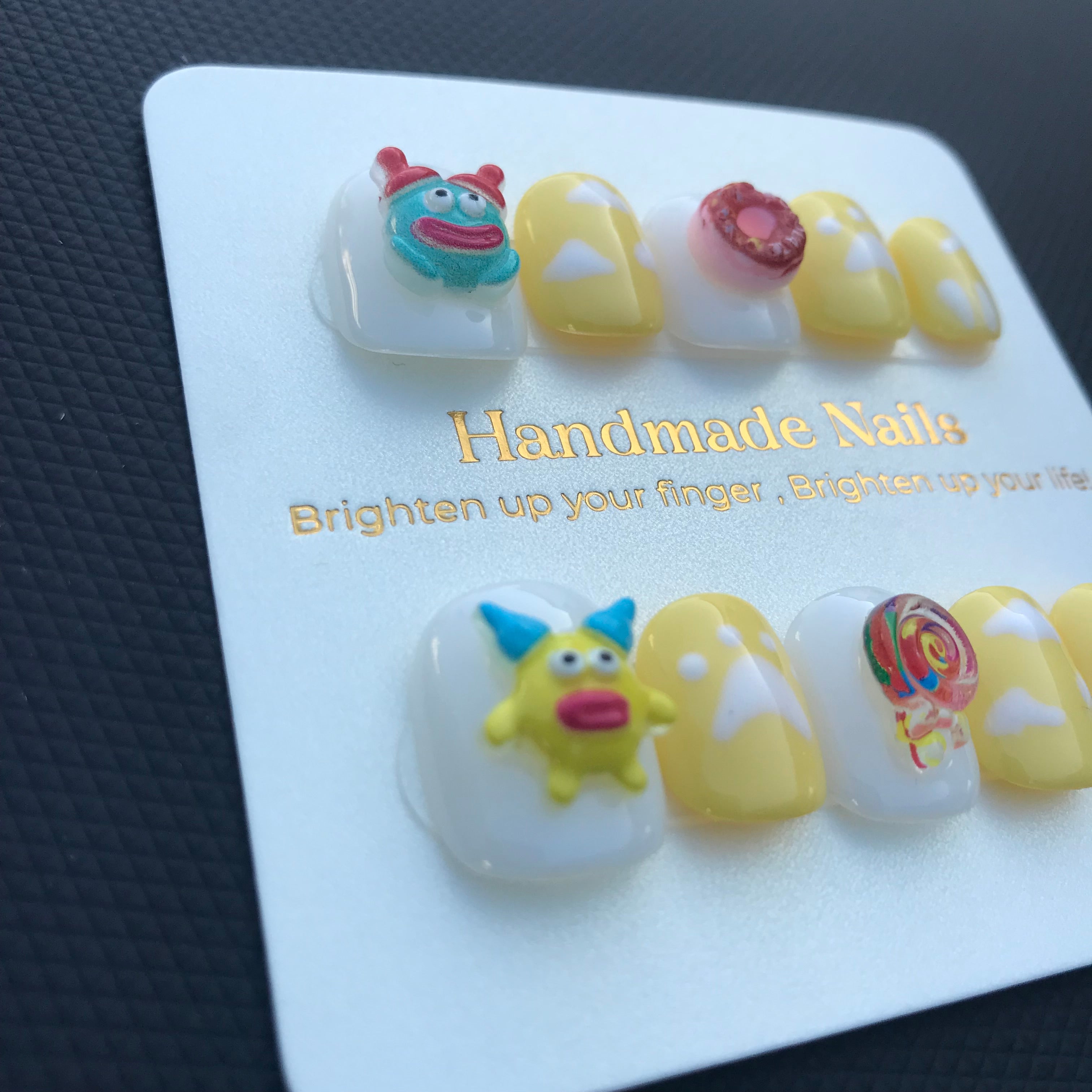 Yellow, white and red playful press on nails