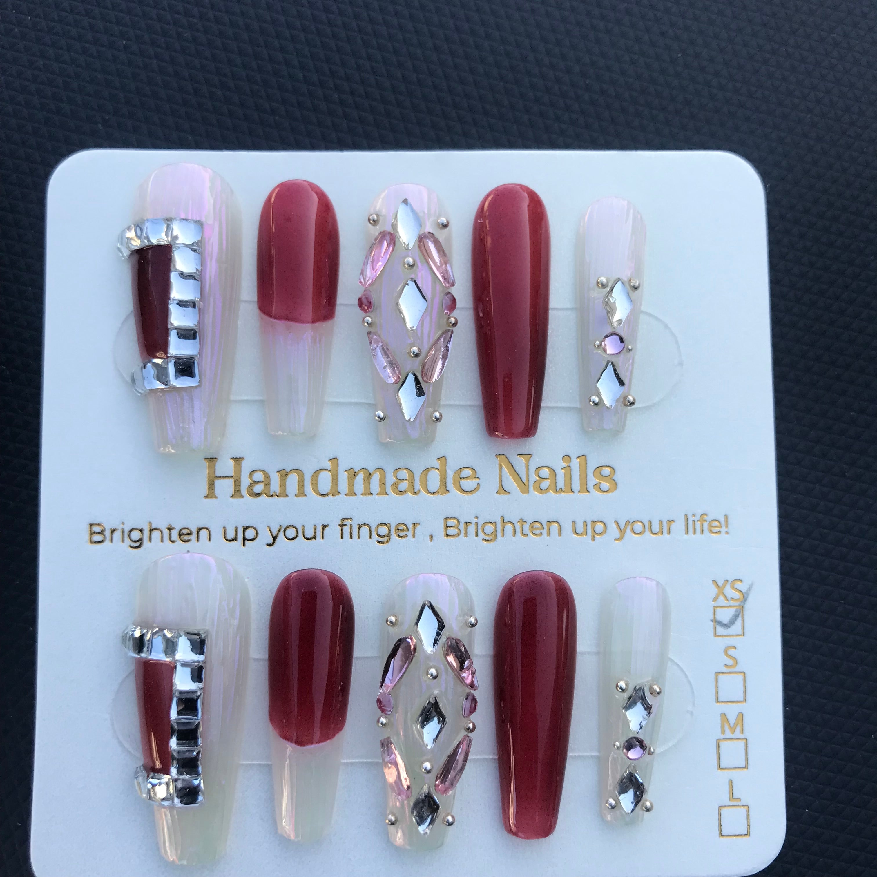 Rhinestone red and white long press on nails