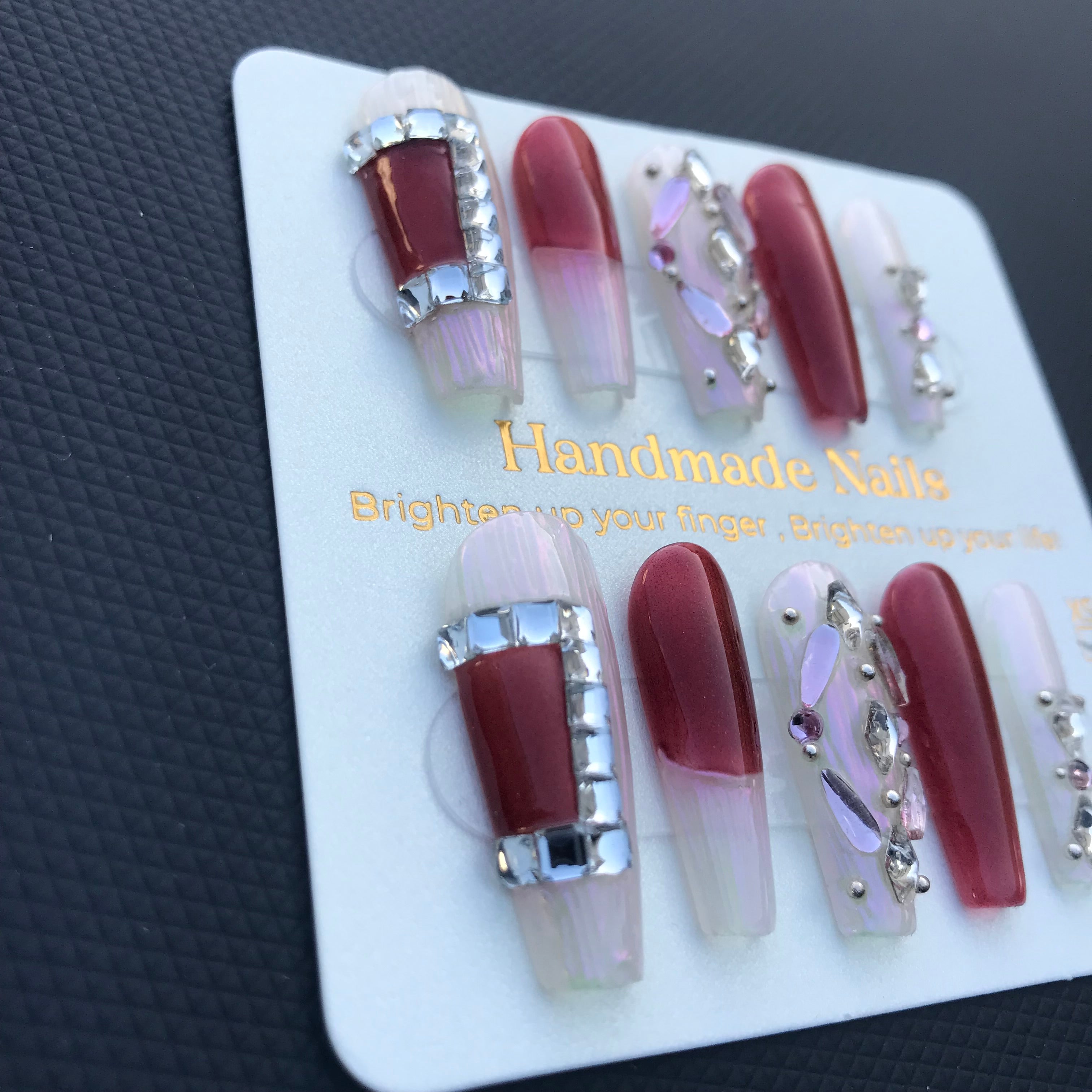Rhinestone red and white long press on nails
