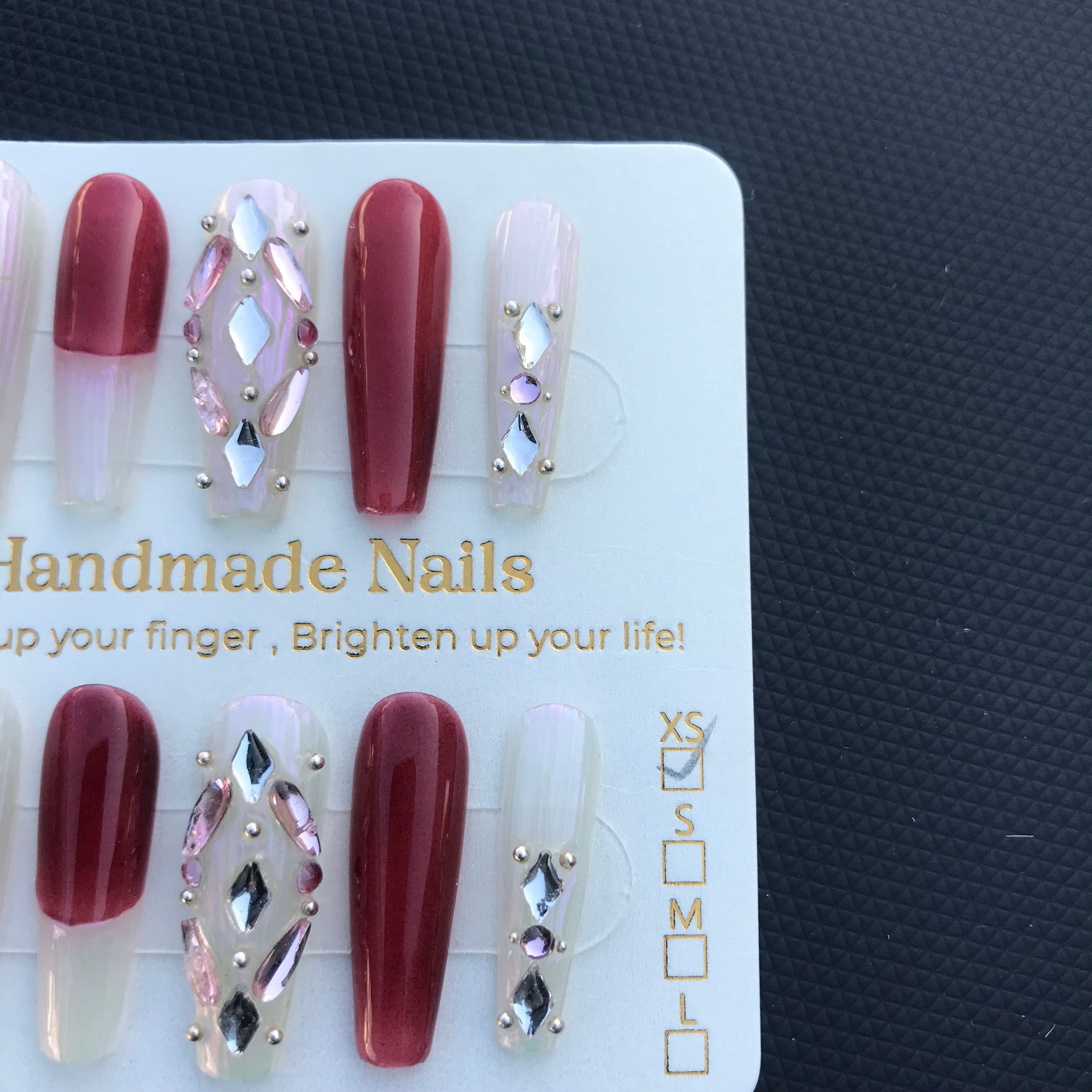 Rhinestone red and white long press on nails