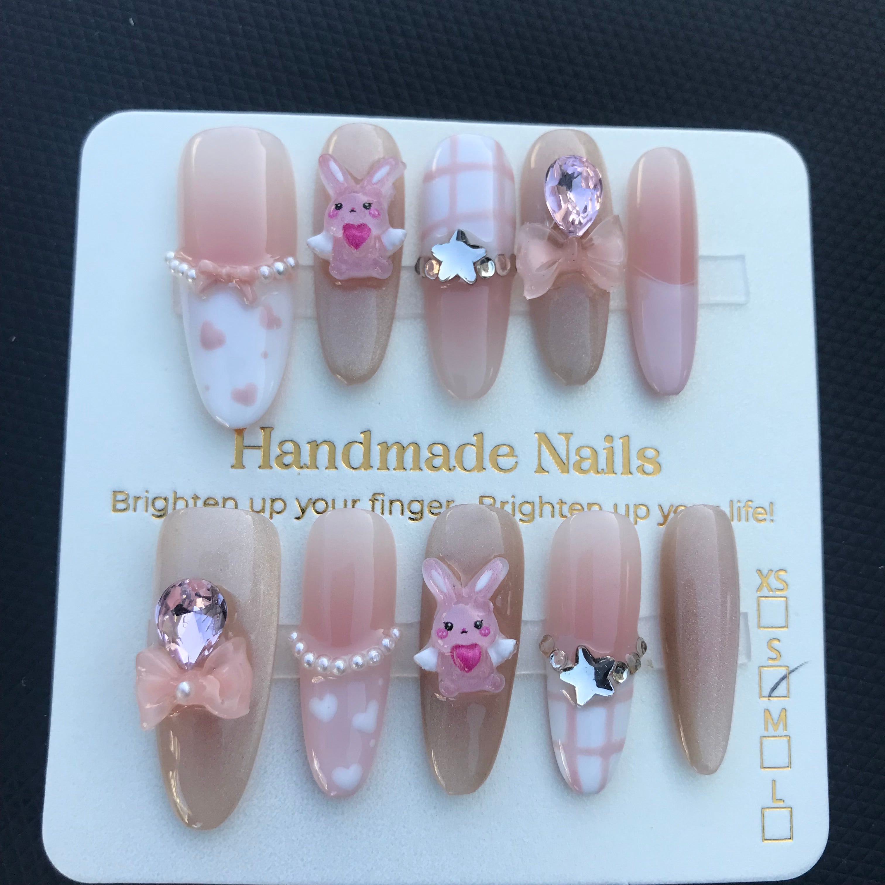 Pink, rhinestone, bunny cute press on nails