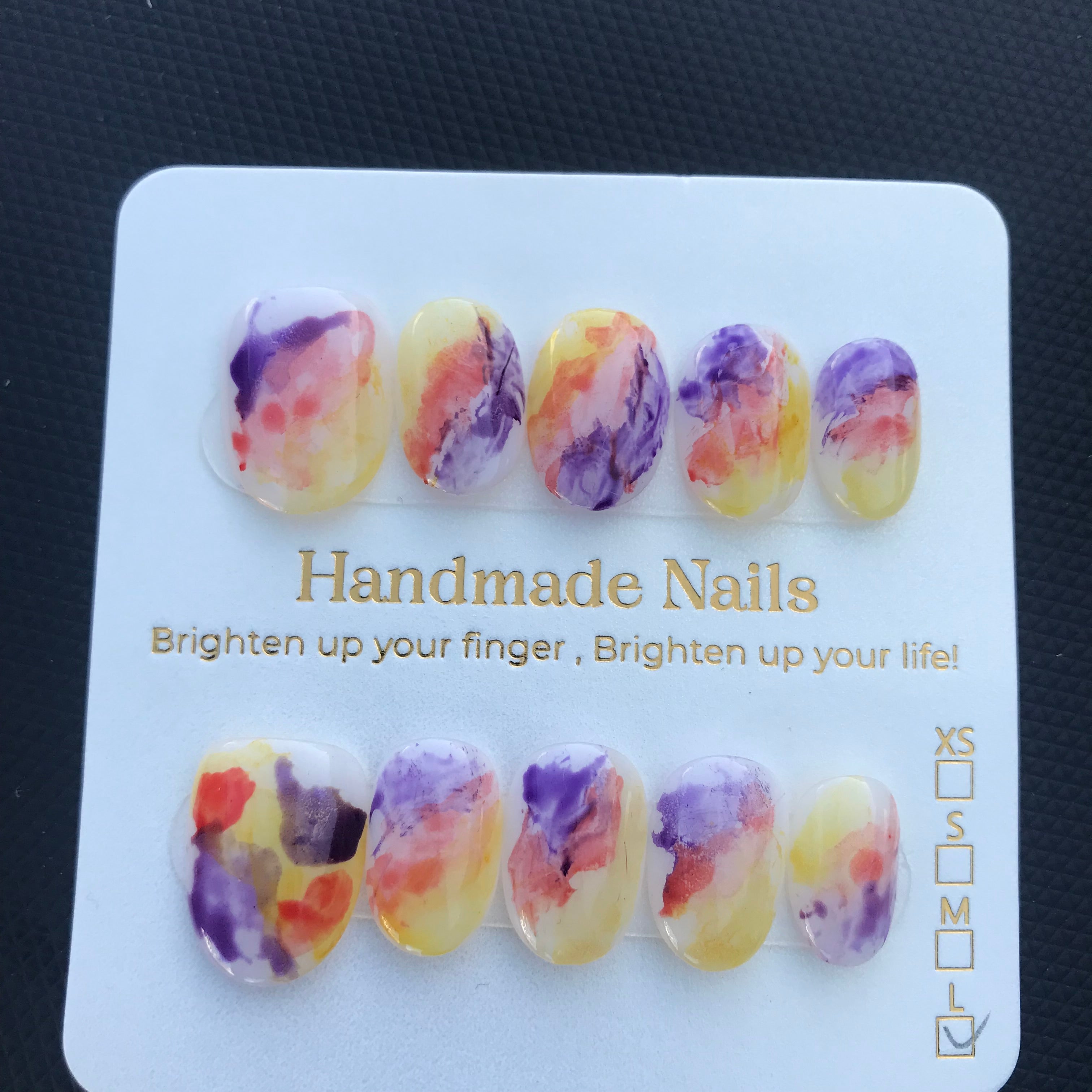 Purple, orange and yellow press on nails