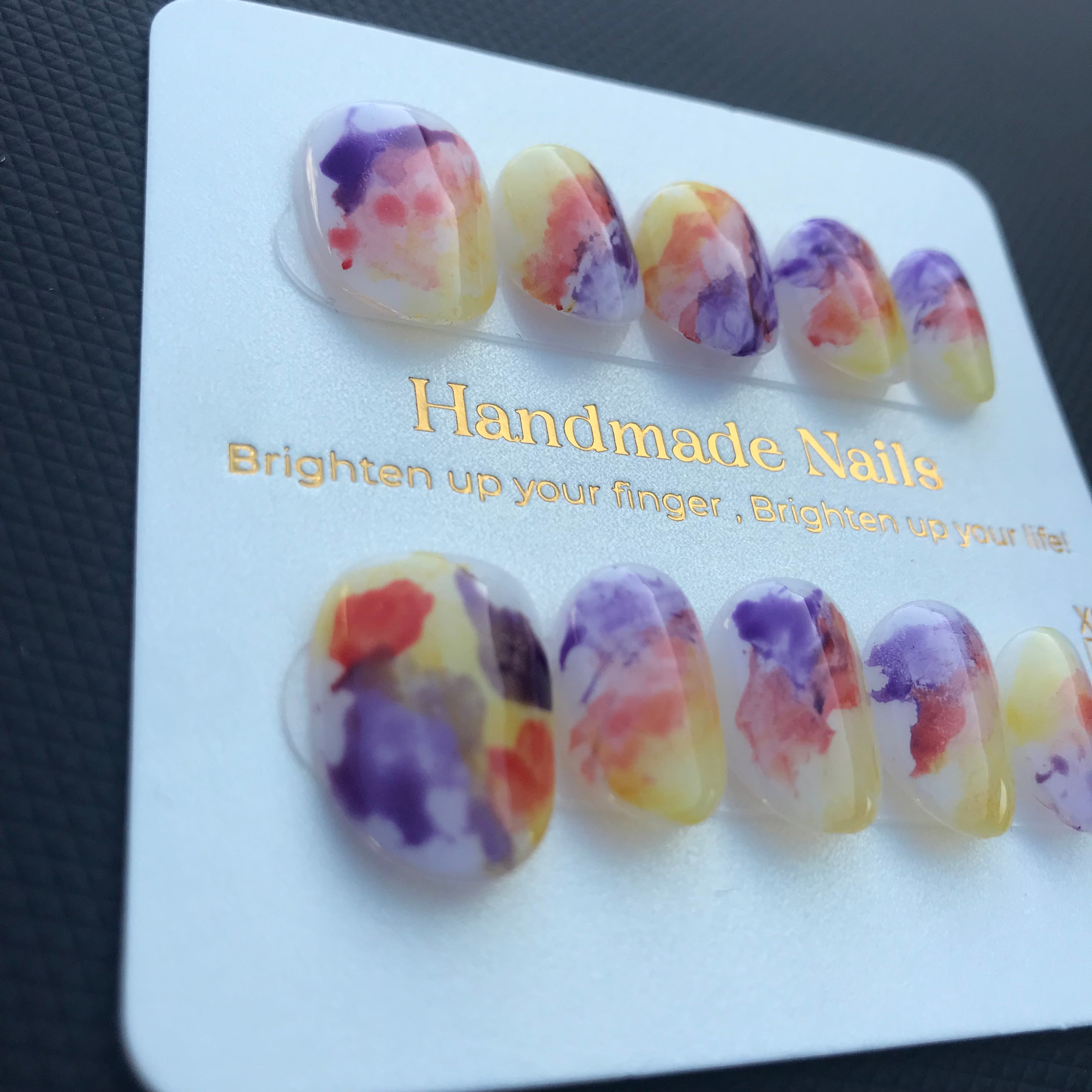 Purple, orange and yellow press on nails