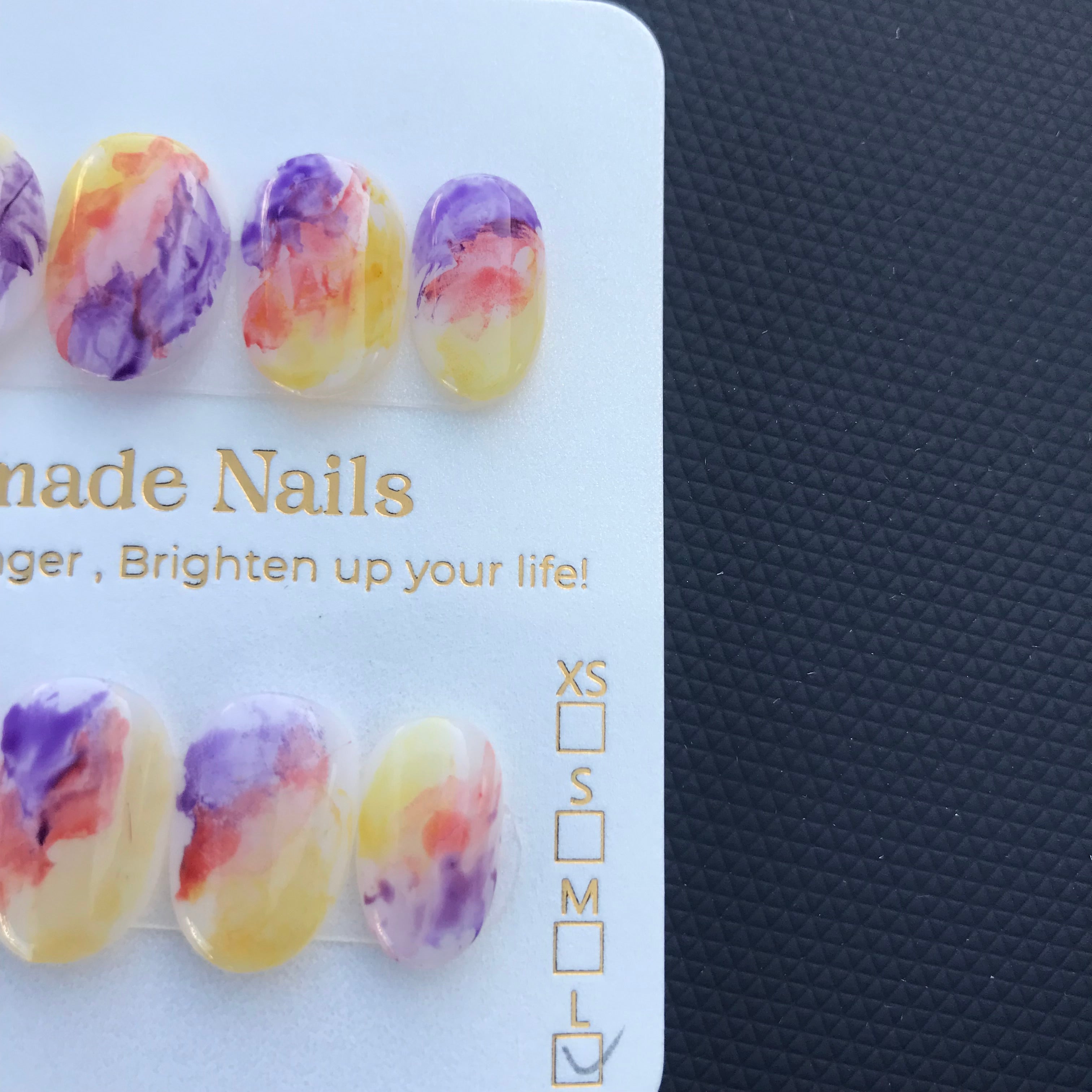 Purple, orange and yellow press on nails