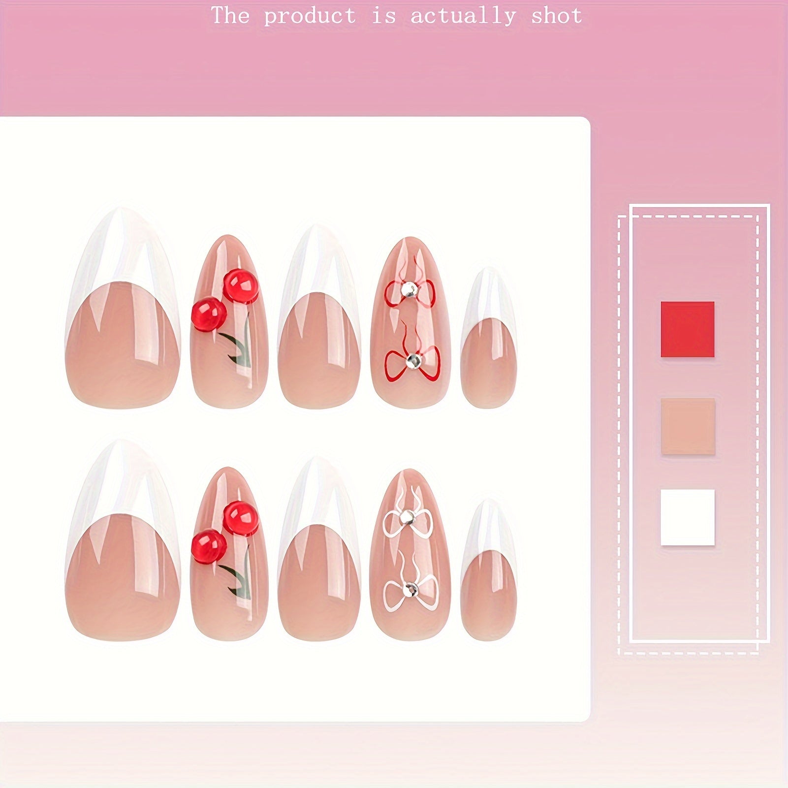 24Pcs Nude and White Sweet Style Almond Press on Nails, Cute Bows Cherry Design With Rhinestone Design