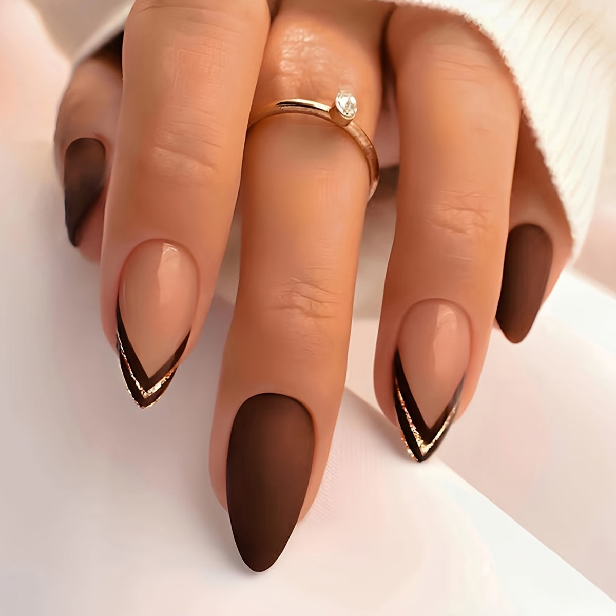 Dark Red & Black Flame Long Almond Shape Press-On Nails | Glossy Finish with Golden Glitter Accents.