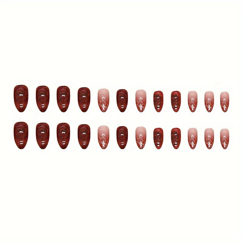 24pcs/set Red Flower Press On Nails, Glitter Medium-length Almond.