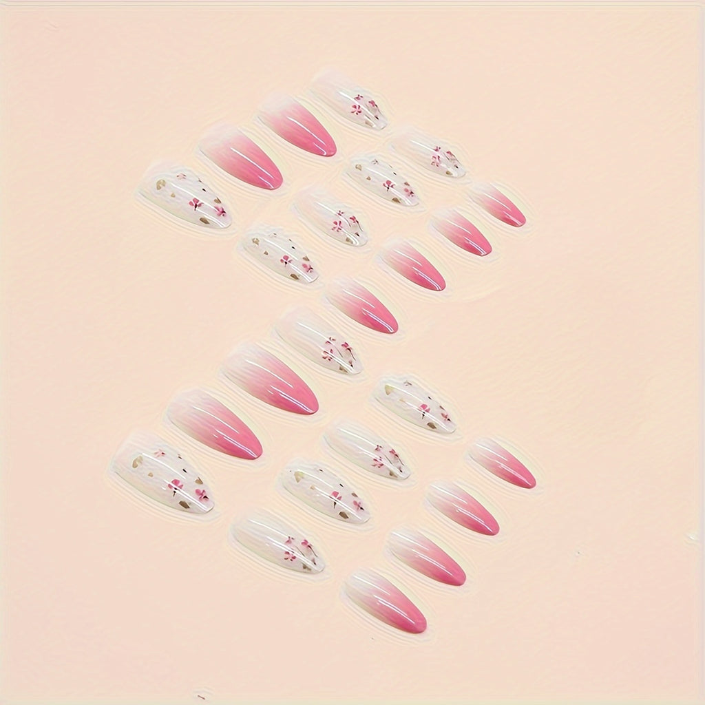 24 Cute Flower Almond-Shaped Press-On Nails with a Pink Gradient And Floral Design.