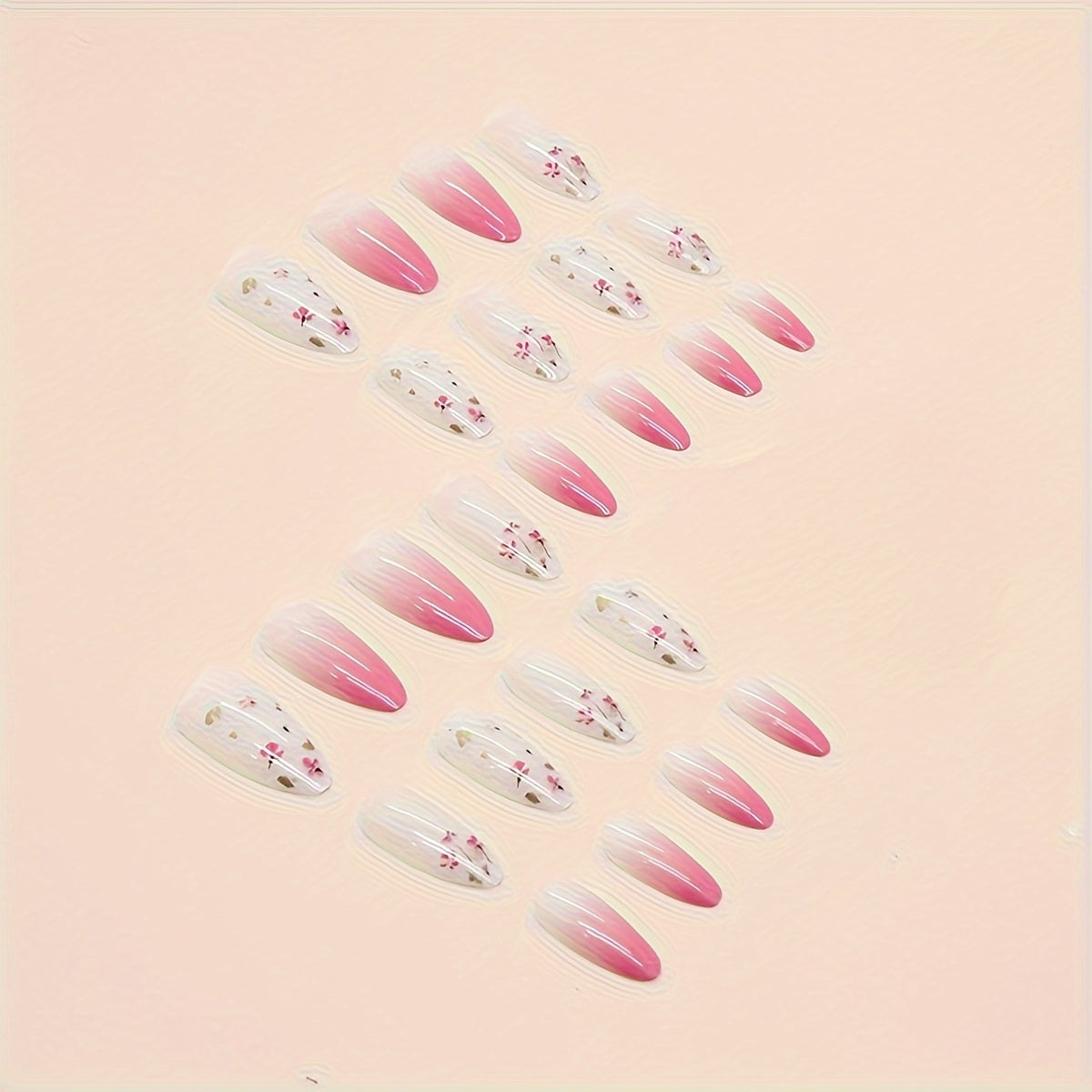 24 Cute Flower Almond-Shaped Press-On Nails with a Pink Gradient And Floral Design.