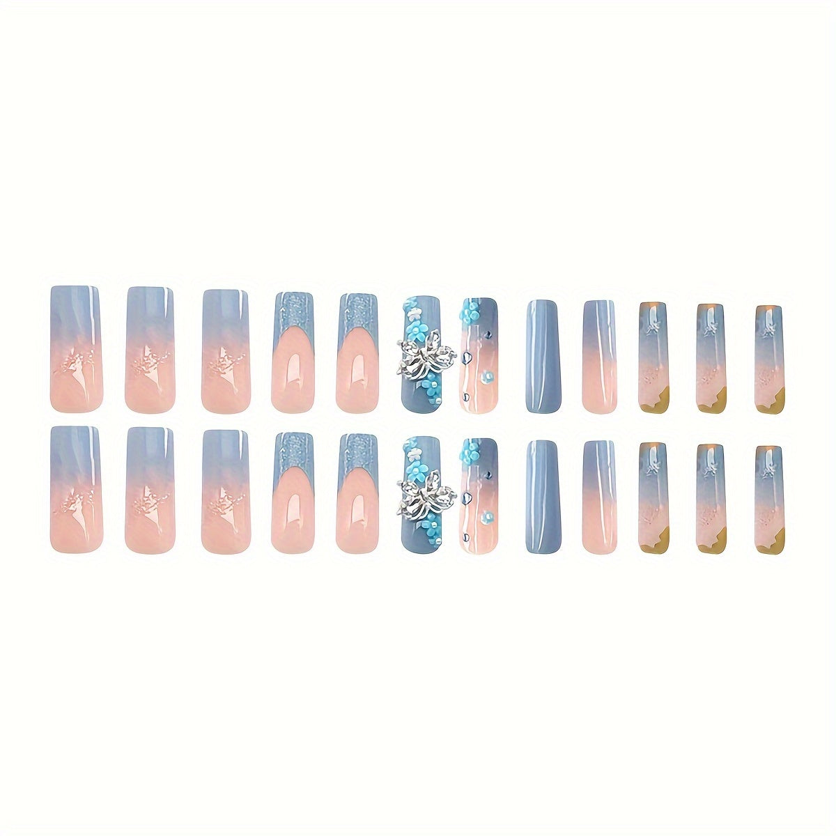 24pcs Full Set Blue & Pink Gradient French Press-On Nails with Sparkling Glitter, Ultra-Long Square False Nails Kit - Glossy Gel Nail Polish, Nail Glue & File Included for DIY Manicure/Pedicure