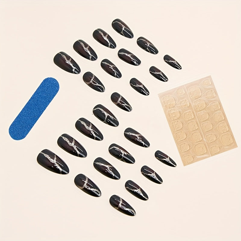 Dark Red & Black Flame Long Almond Shape Press-On Nails | Glossy Finish with Golden Glitter Accents.