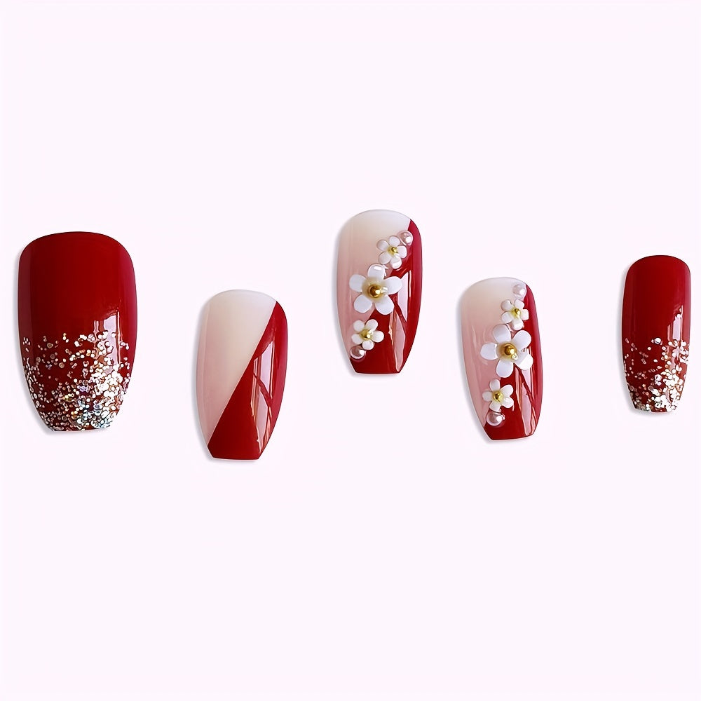 24pcs Red White, Floral, Glitter Press On Nails