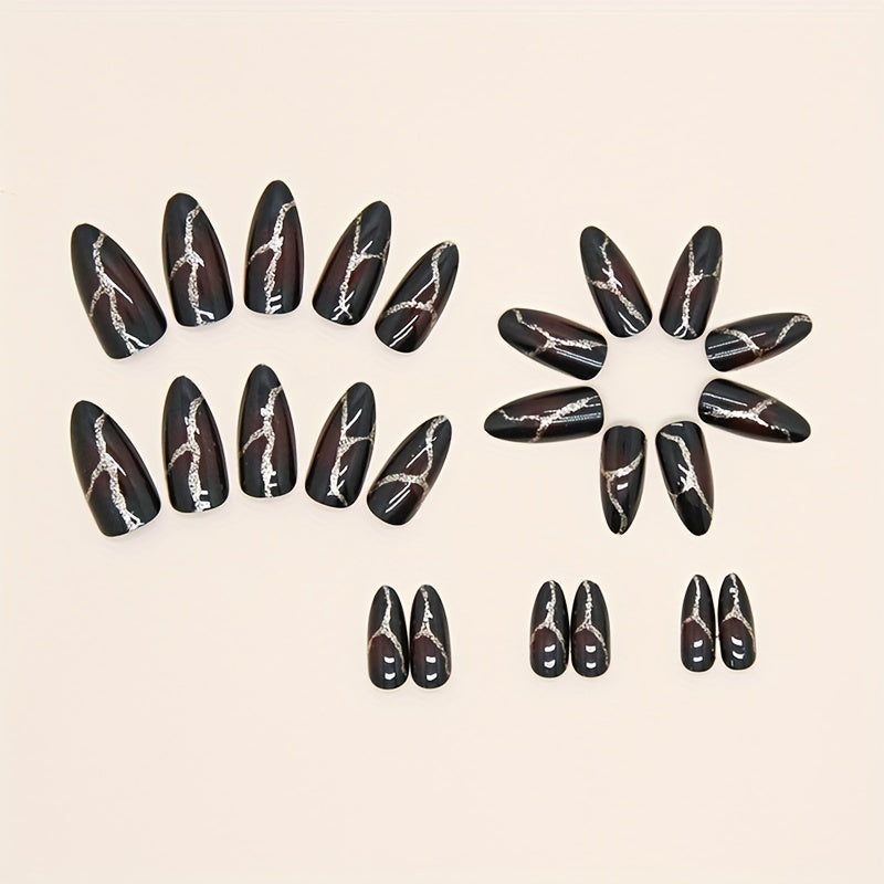 Dark Red & Black Flame Long Almond Shape Press-On Nails | Glossy Finish with Golden Glitter Accents.