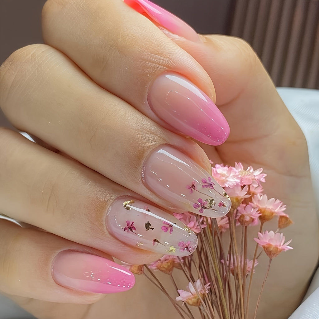 24 Cute Flower Almond-Shaped Press-On Nails with a Pink Gradient And Floral Design.