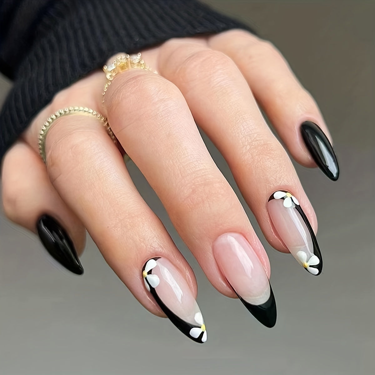 Dark Red & Black Flame Long Almond Shape Press-On Nails | Glossy Finish with Golden Glitter Accents.