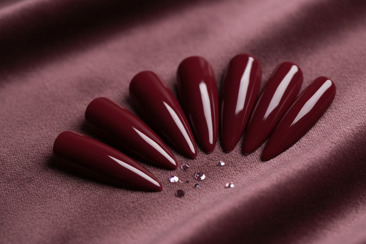 maroon background with dark red fake nails